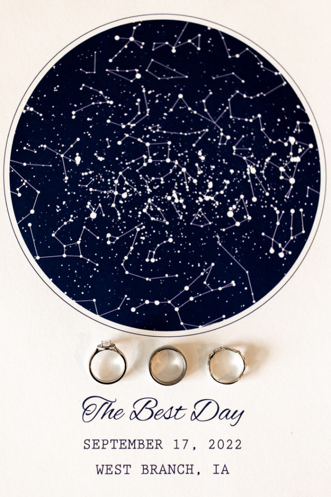 Photographed are the wedding and engagement rings on an image of the constellations on the day of their wedding. 