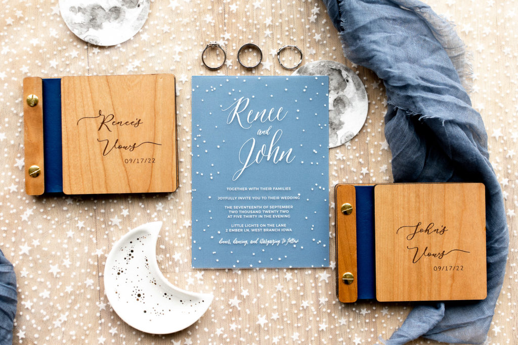 Beautiful details shot of Iowa Wedding Invite,  Engagement and Wedding Rings, and more details from their special day. 