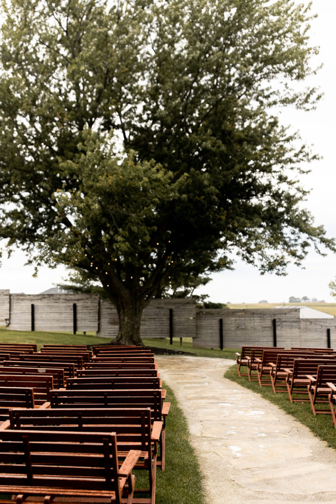 Gorgeous outdoor Iowa fall wedding. Wedding photographer captures the green grass and beautiful tree hanging over the ceremony space. 